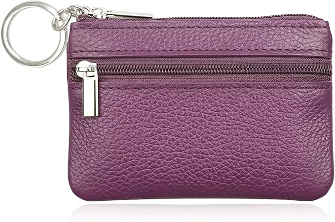 Hibate Purple Small Leather Coin Purse Change Pouch for Women Men Kids with Zip Key Ring