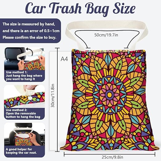 Datura Print Car Trash Bag Portable Waterproof Hanging Garbage Bag with Snap Buttons Back Seat Rubbish Storage Dustbin for Women Man Car Interior Accessories Kitchen Home Travel
