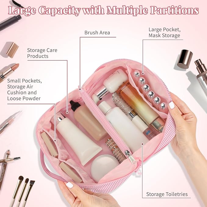 Initial Makeup Bag, Personalized Cosmetic Bag, 2Pcs Large Capacity Make Up Bag for Women, Open Flat Make up Cosmetic Organizer with Handle,Portable Make Up Organizer Pouch for Women - C