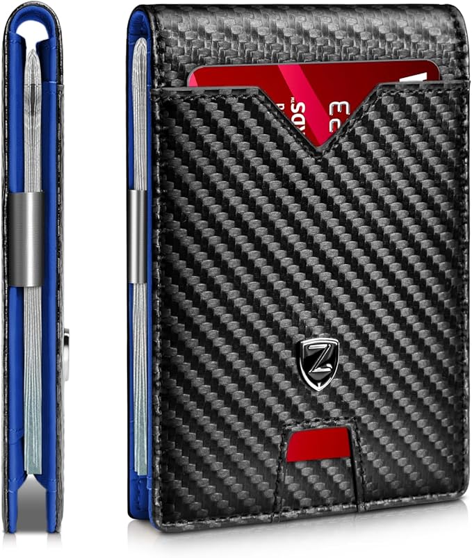 Zitahli Slim Wallet for Men with Money Clip, Minimalist Front Pocket RFID Blocking Leather Wallets Bifold Credit Card Holder, 11 Card Slots and ID Window with Gift Box
