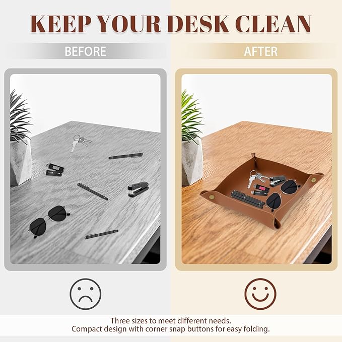 3 Pack Leather Valet Tray, 3 Sizes Catchall Tray Desk Organizer for Key Jewelry Trinket Watch Perfume Coin, for Entryway Table Nightstand Dresser Vanity Travel, Brown