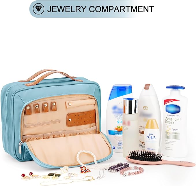 COOSKY Travel Hanging Toiletry Bag for Women, Cruise Ship Essentials, with Jewelry Organizer, Extra Large Makeup Dopp Kit, Waterproof Cosmetic Bags, Toiletries Kit Set with Trolley Belt, Sky Blue