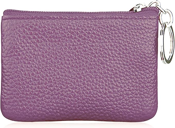 Hibate Purple Small Leather Coin Purse Change Pouch for Women Men Kids with Zip Key Ring