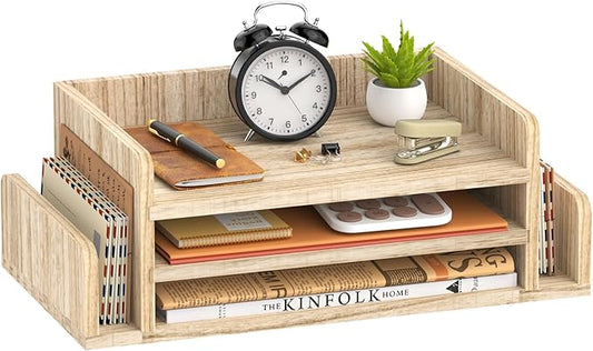 SUPEASY Wooden Desk Organizer, 3-Tier Letter Tray File Organizer with Dual Side Mail Sorter, Solid Wood Desktop Paper Organizer for Office, Home Office, Classroom (Natural Wood)