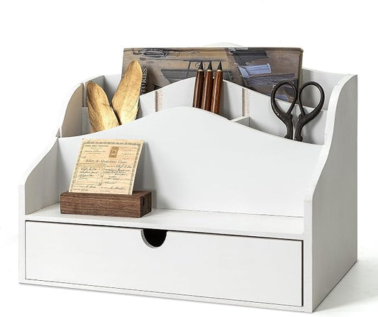 Rebee Vision Pine Wood Mail Organizer for Desk - Charming Farmhouse Countertop Mail Sorter for Office & Home Decor - Wooden Desk Organizer with Drawer for Letters, Files & Magazines(White)