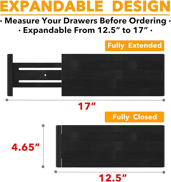SpaceAid Bamboo 4 Pack Dresser Drawer Dividers, 4.65??High Adjustable 12.5??17??Drawer Organizers, Expandable Organization for Clothing, Clothes, Dressers, Black