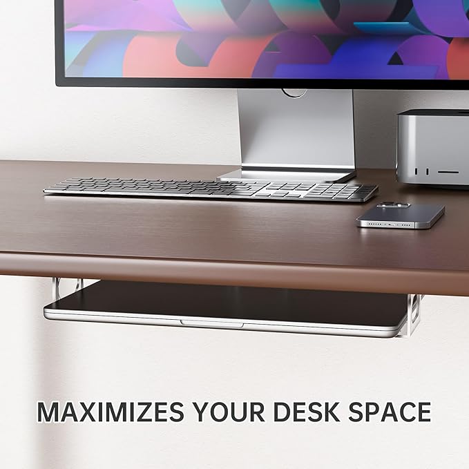 NiHome Clear Acrylic Under Desk Laptop Mount, Easy Installation Adjustable Laptop Holder, Scratch-Resistant Under-Desk Stand for MacBook, Notebook, Modem, TV Box, PS4 Slim & Keyboard