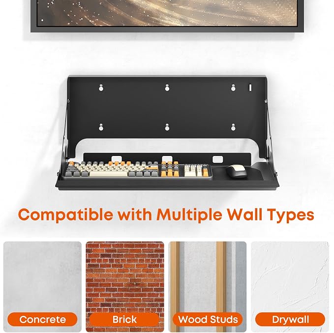 Flip Down Keyboard Tray Wall-Mount - 24 Inch Computer Keyboard and Mouse Platform Tray, Space Saving Design, Mouse Pad and Wrist Pad Included, Holds Up to 22 lbs, Black