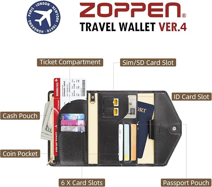 ZOPPEN Mulit-purpose Rfid Blocking Passport Holder Travel Wallet (Ver.4) Passport and Vaccine Card Holder ComboTri-fold Document Organizer Travel Essentials