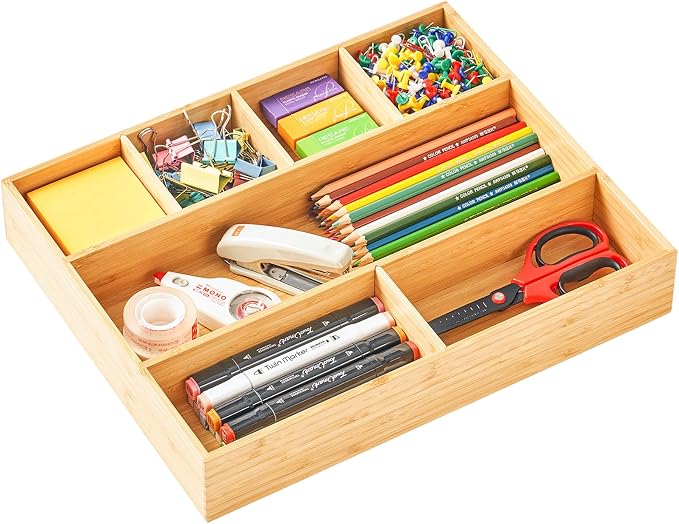 Umilife Large Bamboo Desk Drawer Organizer, Wood Office Junk Tray, 15"x12" | 2.4" Tall for Deep Drawer - Adjustable slots - Anti Slip Silicone Pads - Versatile Storage Box in Kitchen, Pantry