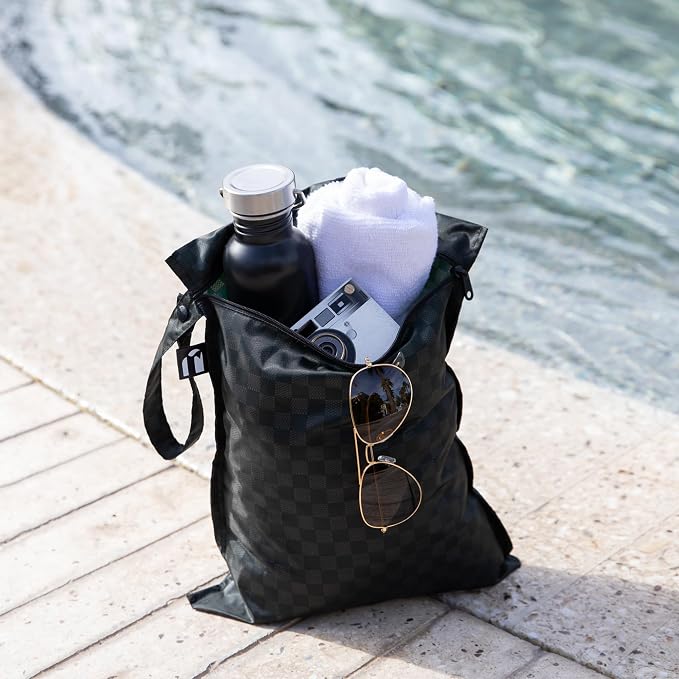 Bumkins and Roamio - Waterproof Wet Bag & Clear Travel Bags - For Beach, Baby, Travel, Swim Suit, Cloth Diapers, Pump Parts, Pool, Gym, Toiletries - Reusable & Easy to Clean - Black Check - 4 Pack