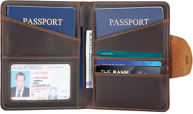 Polare Full Grain Leather Slim and Soft RFID Blocking wallet For Men Snap Bifold Travel Wallet Passport Holders 2 Passports (Dark Brown)