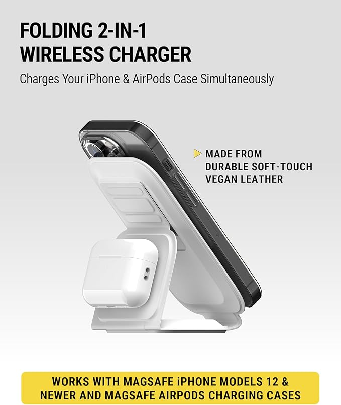 Scosche MSQFG2N1WT MagicMount Travel 2-in-1 Magnetic Dual Wireless Charging Station, Fast Charger Stand w/Foldable Flat Pad, Compatible with MagSafe Apple iPhone 16/15/14/13/12/Pro Max/Airpods, White