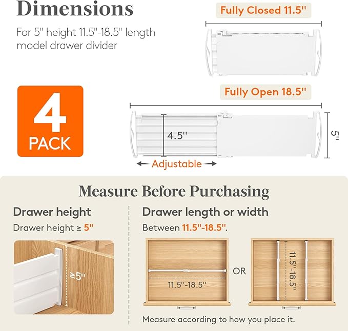 Lifewit 5" Tall 4 Pack Drawer Dividers, 30-47cm/11.5-18.5" Expandable Drawer Divider for Clothes, Adjustable Dresser Drawer Organizers, Drawers Separators for Dresser/Bathroom/Closet/Kitchen White
