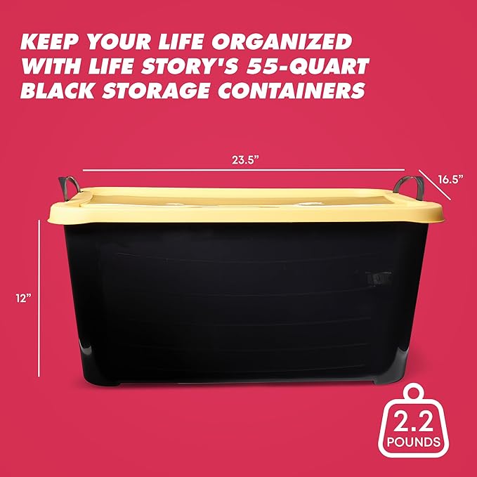 Life Story 12 Pack Heavy Duty Stackable Storage Bin, 55 Quart Home Organizer, Versatile Lightweight Locking Bins with Carrying Handles, Black/Yellow