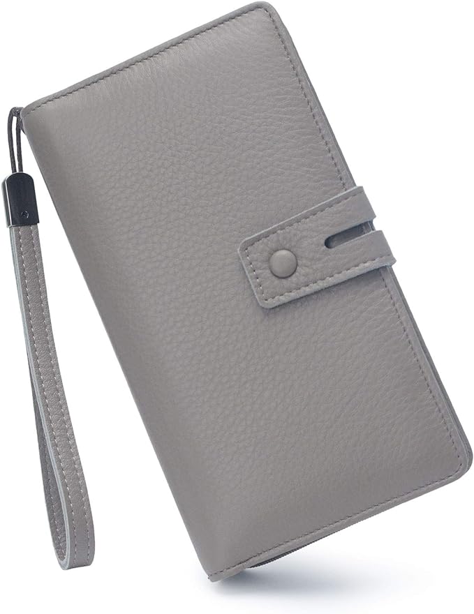 Bveyzi Women's Big Fat Rfid Leather Wristlet Wallet Organizer Large Phone Checkbook Holder with Zipper Pocket (Grey)