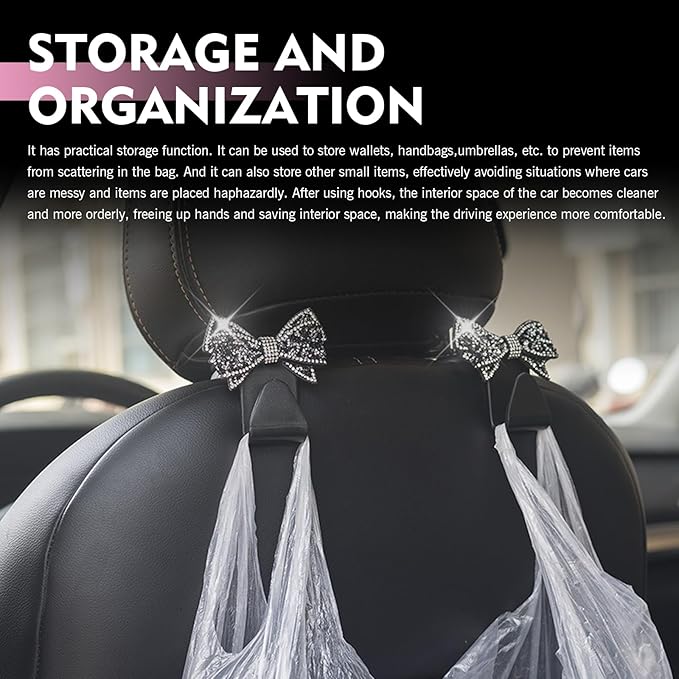 2 PCS Bling Bow Car Headrest Hook, Diamond Sparkling Invisible Seat Headrest Hooks, Vehicle Storage Organizer with Butterfly Bow Vent Clip for Purses, Bags, Groceries (Black)