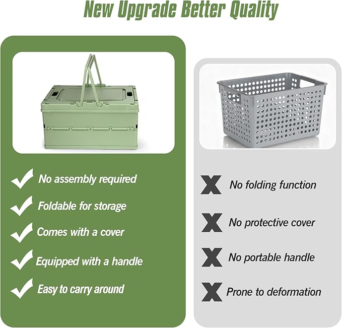 Collapsible Storage Crate, Foldable Plastic Basket with Lid and Handle, Foldable Storage Box Crate Bin for Home Kitchen Office Bathroom Bedroom Pantry (Green)