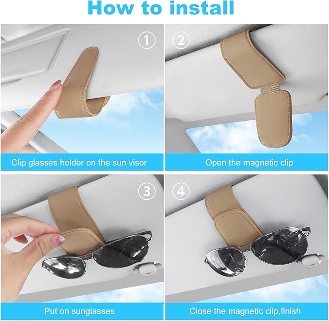 TCJJ Sunglasses Holders for Car Visor,Car Magnetic Glasses Holder Leather Sunglasses Clip and Ticket Card Clip Suitable for Car Interior Visor and Different Size Eyeglasses(Beige/2)