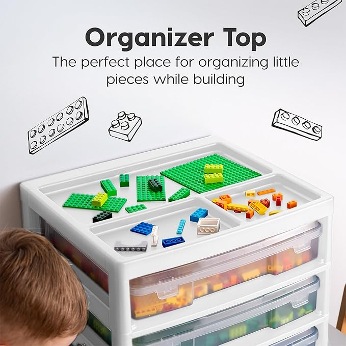 IRIS USA Fits 12" x 12" Paper, 3-Tier Desk Top Storage Unit with Organizer Top, for Office Art & Craft Supplies, Pens Pencils Sticky Notes Paper Clips, 3 Clear Cases w/ Built in Handle - White/Clear