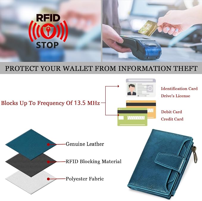 Airkit Small Wallet Women RFID Blocking Soft Leather Bifold Compact Card Holder Wallet for Women with Zipper Coin Pocket 4 ID Window