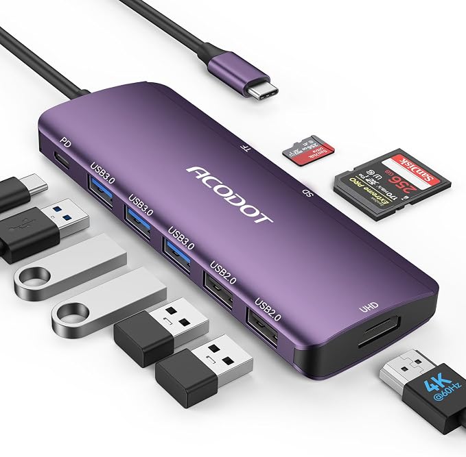 Acodot 9 in 1 USB C Hub - 4K@60Hz HDMI Adapter, 3 USB 3.0 Ports, SD/TF Card Reader, 100W PD, Multiport Adapter for MacBook Pro, Air, HP, XPS, Purple