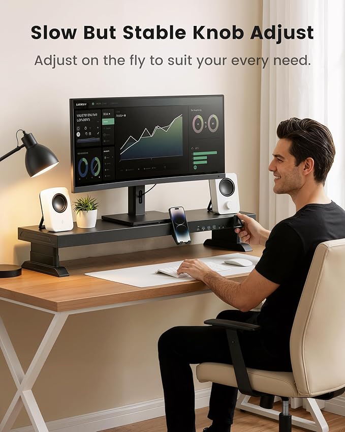 Height Adjustable Monitor Riser with 6-Port Hub ??37.6" Extra Wide Desk Stand for Dual Monitors, Continuous Height Adjustment 4.33??.69" via Knob, USB-C Fast Charging, Carbon Steel Black