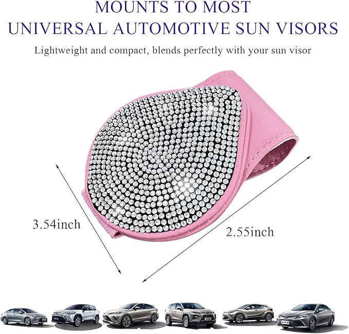 KVAEY Bling Sunglass Holder for Car Visor, Magnetic Leather Visor Clip Glasses Holder with Sparkling Rhinestones, Crystal Visor Ticket Card Clip for Women Girls, Car Accessories (Pink & White)