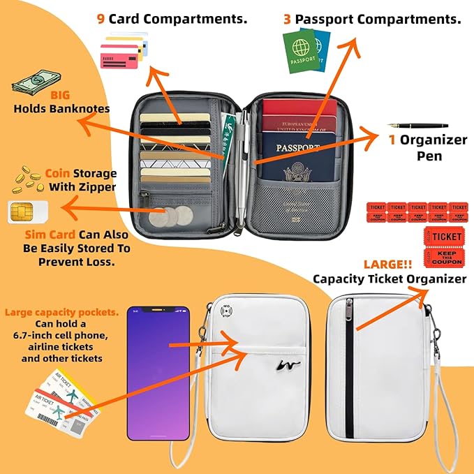 P-H1 Travel Family Passport Holder RFID Blocking Passport Waterproof Wallets for Men Women Travel Document Organizer Cards Case, Lightweight Portable Passport Cover with Zipper Pocket(Black)