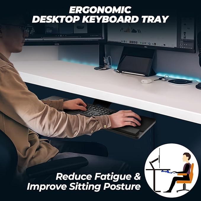 FAHKNS Keyboard Tray - Ergonomic Large Size Keypad Tray Holder， 360° Adjustable Slide Out Keyboard Tray Under Desk with Mouse Pad & Wrist Rest， Suitable for Office/Game/Home