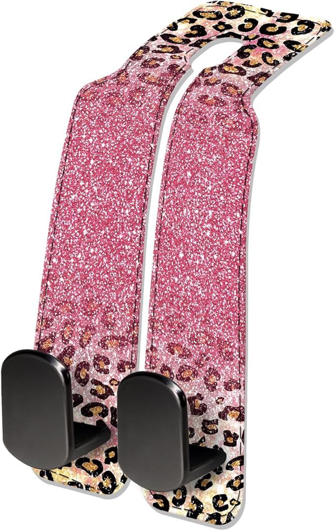 Car Seat Headrest Hook, Universal Leather Cute Hanger Holder Hook, Storage Organizer Interior Accessories for Purse Bags Handbag Glitter Pink Leopard