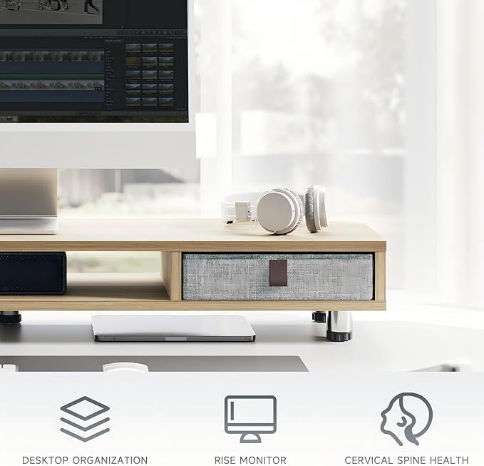 Fenge Monitor Stand, Dual Monitor Stand with 2 Drawers, Monitor Riser for 2 Monitors, Adjustable Height Computer Stand, Office Monitor Stands for Desk, Laptop, PC, TV, Printer