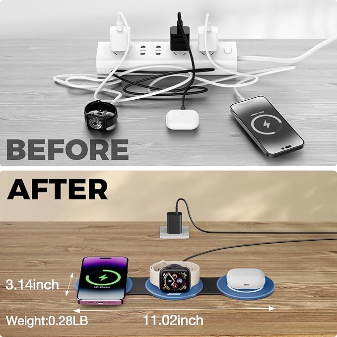 Hicober 3 in 1 Charging Station for Apple Multiple Devices, Foldable Travel Wireless Charger 18W for iPhone Air 17 16 15 14 13 Pro Max Plus &Apple Watch Series/Airpods Light Blue