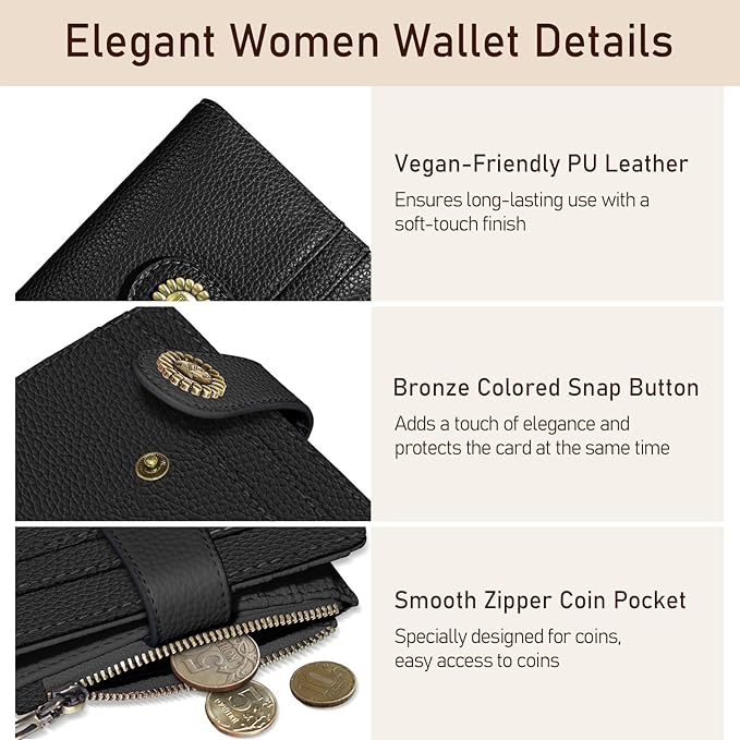 Kelvoris Small Rfid Women Wallet Bifold Zipper Coin Pocket PU Leather Compact Cash Credit Card Holder Travel Wallet for Female Ladies Teen Girls 1 ID Window 10 Card Slots Black