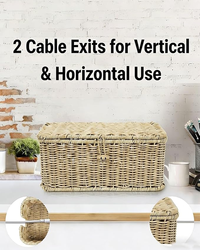 Handwoven Rattan Cable Management Box, Basket to Hide Cords, Open Slots Hider Boxes, Wicker Charging Station Storage Box, For Desk Outlet Covers for Power Strip TV Pc Router(Gray M)