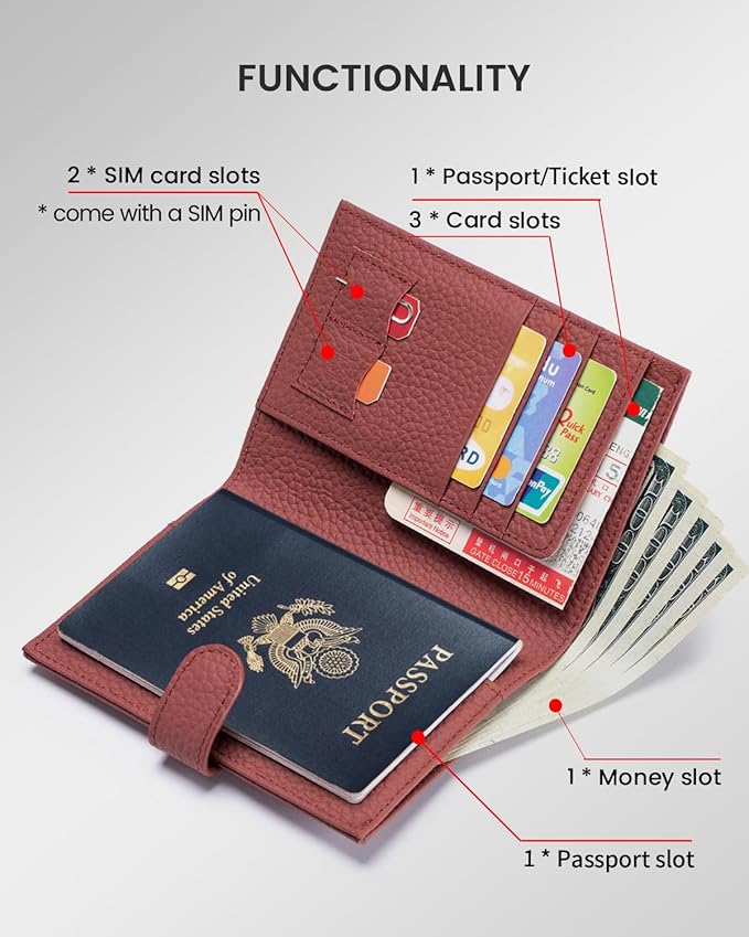 RFID Passport Holder Travel Wallet for Women, Leather Passport Cover Wallet with Card Holders SIM Slots,Zippered Coins Pocket and Cash Slot Slim Compact Travel Wallet (Brick Red)