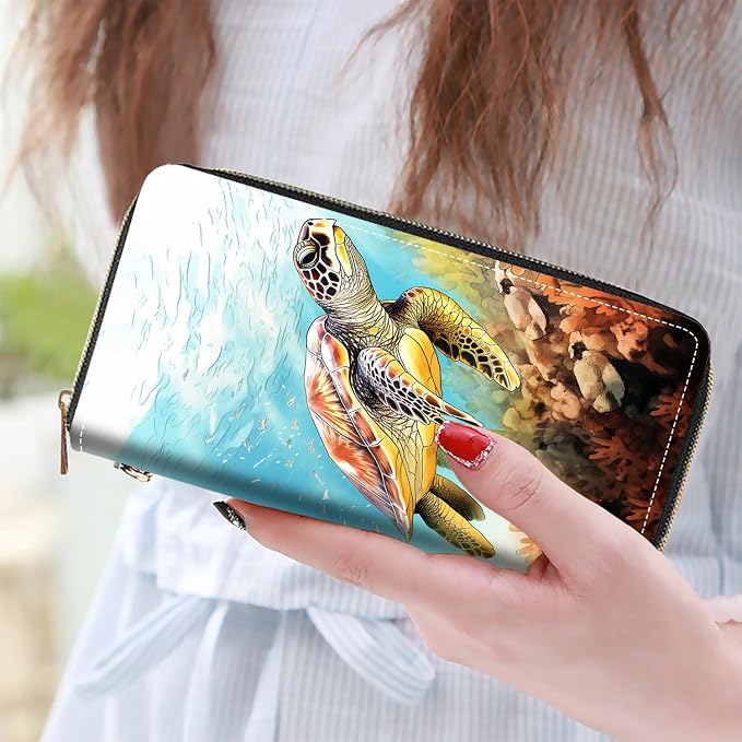 Women's Large Capacity Wallet PU Leather Zip Around Clutch Purse Multifunctional Wallet with Removable Wristlet Strap for Smart Phone/Coin/Card/Cash - Sea Turtle