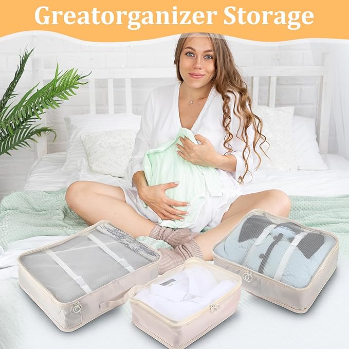 12 Pcs Packing Cubes for Suitcase Travel Luggage Bags Bulk Mesh Organizer Set for Hiking Camping Backpacking Clothes Accessories(Light Khaki, S, M, L Size)