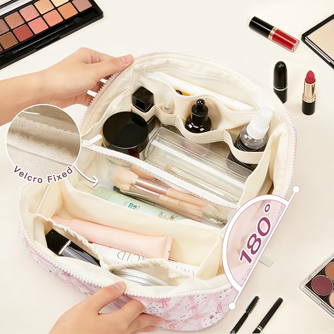 Large Pink Bow Floral Travel Makeup Bag Lay Flat Quilted for Women Airplane Essentials, Personalized Her 16th 18th 21st 25th 30th Birthday Gifts, Bride Teen Girls Cosmetics Skincare Brush Organizer