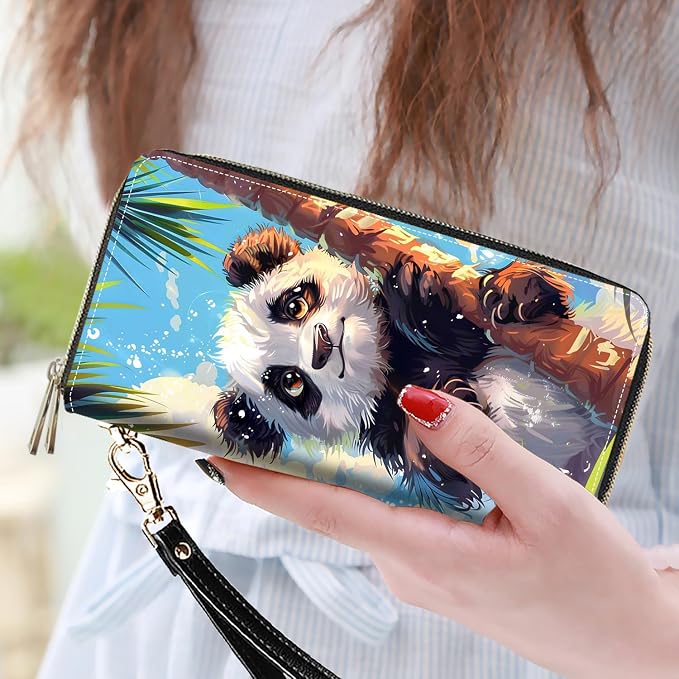 Women's Large Capacity Wallet PU Leather Double Zipper Clutch Purse Multifunctional Wallet with Removable Wristlet Strap for Smart Phone/Coin/Card/Cash, Watercolor Art Panda