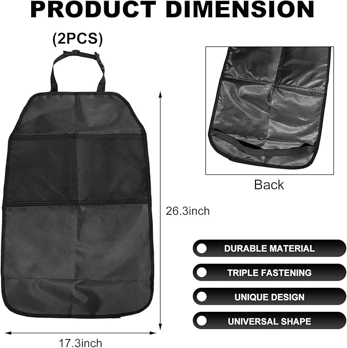 2 PCS Kick Mat Back Seat Protector, Waterproof Car Backseat Protective Kick Mat with 2 Mesh Pockets, Large Vehicle Seat Back Kick Mat Organizer for Kids, Car Accessories