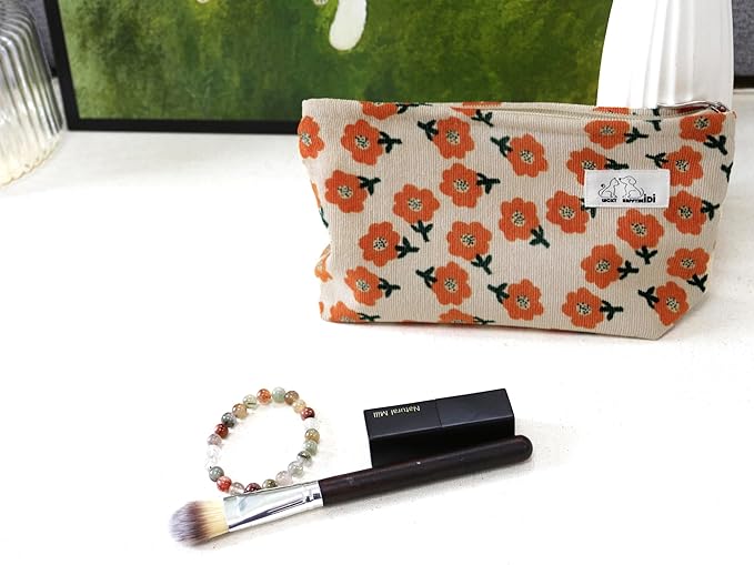 HAPPYHEIDI Makeup Bag Set 3 Cosmetic Toiletry Organizer Zipper Pouch for Purse Tote, Women Girls Gift, Large Medium Small, Beige Orange Floral Corduroy