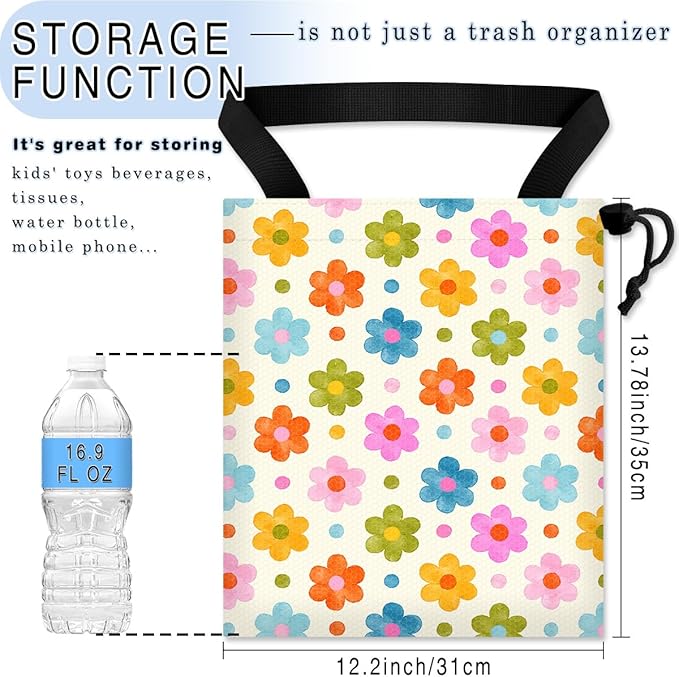 Car Trash Bag Hanging Back of Seat Waterproof Small Cute Printed One-Handed Strap Drawstring Garbage Bags for Car-Flower