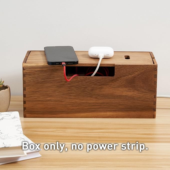 LiTY Acacia Wood Cable Management Box, Wooden Cord Hider & Organizer for Power Strip, Electrical Hiding, TV Wires, Desk & Floor Cables - Office Under Desk Cable Storage Box for Wire