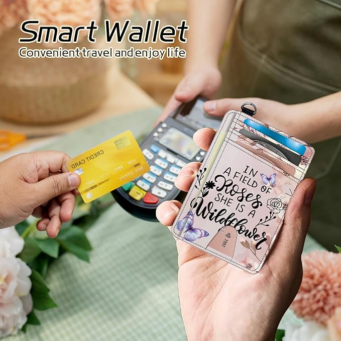 Small Travel Wallets, Sakura Butterfly Slim Minimalist Front Pocket Wallet with Wristlet, RFID Blocking PU Leather Credit Card Holder with ID Window Change Purse for Men Women