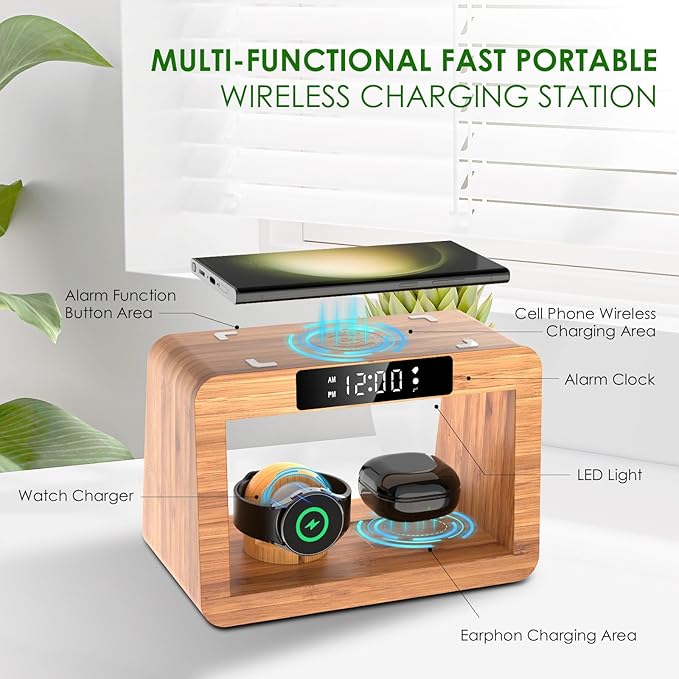 Bamboo Wireless Charger Station for Samsug Galaxy, for Samsun High Speed Charging Station, Wireless Phone Charger Station, Wireless Charger for Samsun Watch (with Alarm Clock for Samsung)