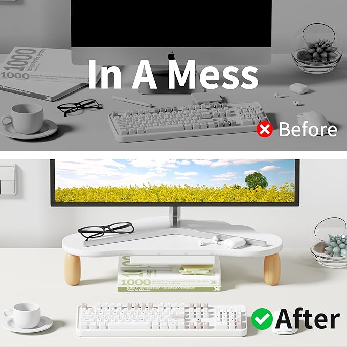 AFOOYO Monitor Stand Riser,Cloud-Shaped Sturdy Wood 16.5In Computer Monitor Riser Wirh Drawer, Multi-Purpose Desktop Organizer Riser for Computer,Laptop,Printer,TV,White