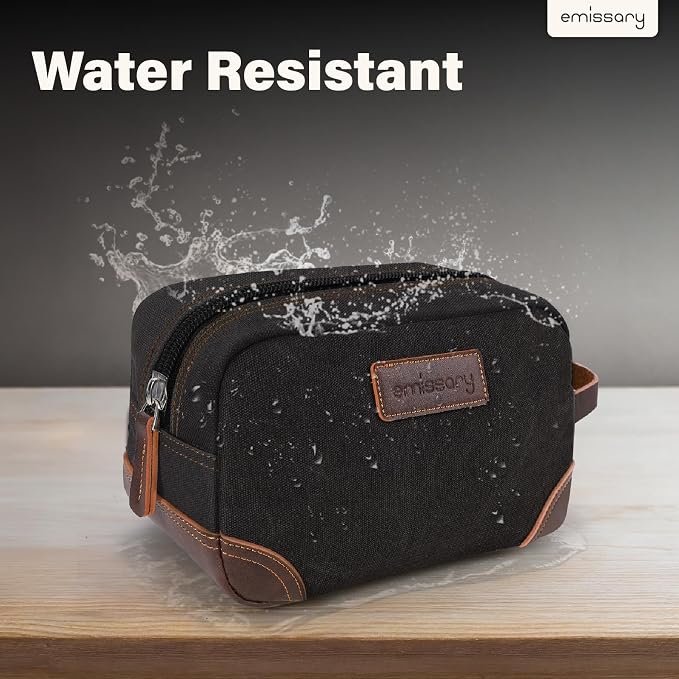 emissary Men's Toiletry Bag, Leather and Canvas Travel Toiletry Bag, Dopp Kit for Men, Travel Bathroom Bag Men's Shaving Kit, Travel Kit Small Bags for Men, Shaving Bag for Travel Accessories (Black) | Durable canvas & PU leather, water-resistant linin...