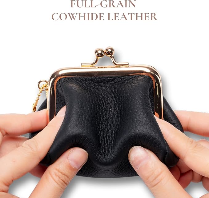 Genuine Leather Coin Purse for Women, Cute Mini Lipstick Holder Case, Small Vintage Kiss Lock Jewelry Storage Organizer Change Bag Pouch (Brown)