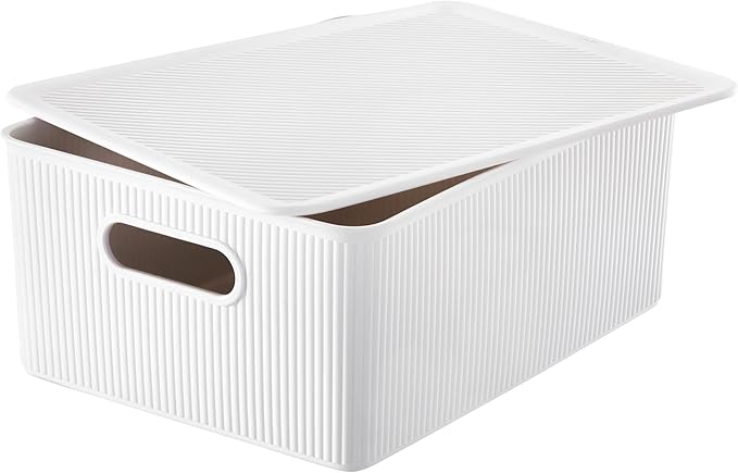 Decorative Plastic Basket Lidded Home Storage Bins Organizer Baskets, Large White (1 Pack - 15 Liter) Stackable Container Box, for Organizing Closet Storage Bins for Shelves - Ribbed Collection